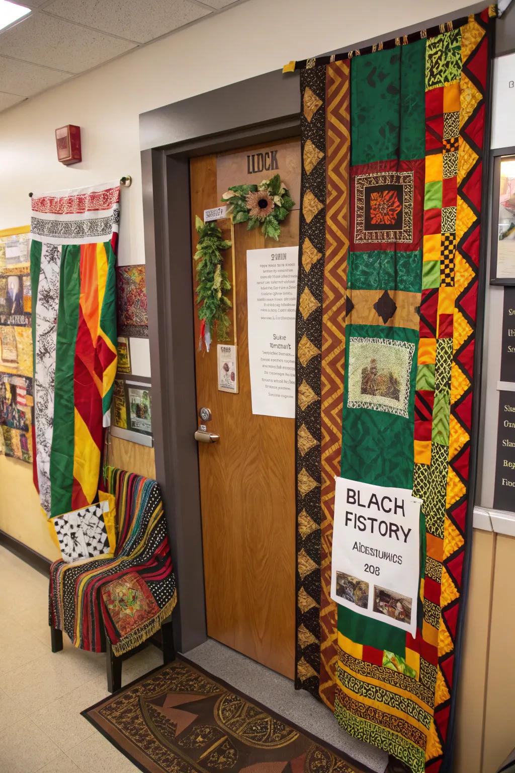 A door featuring artistic expression through fabrics and textiles.