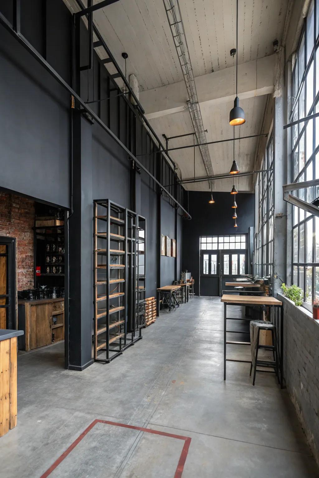 An industrial-style room with a black wall.