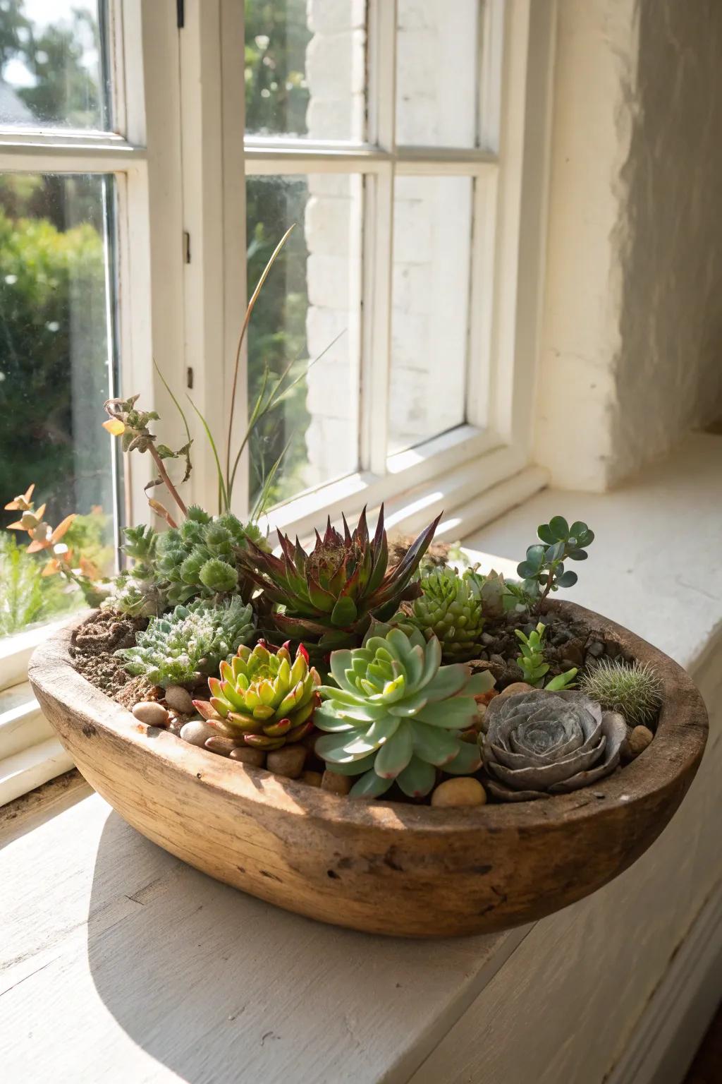 Modern simplicity with succulents in a dough bowl