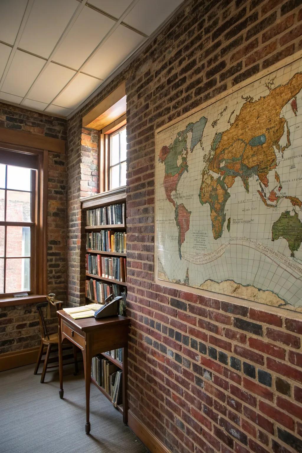 Vintage map mural transforms a brick wall into a journey.