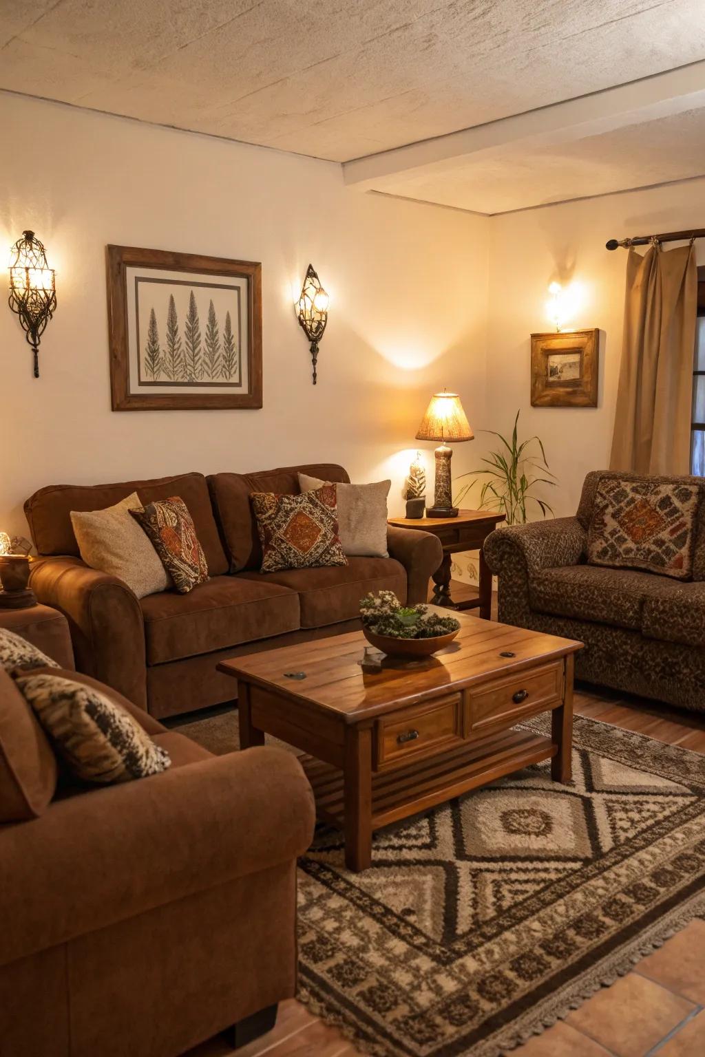 Warm lighting enhances the cozy feel of a brown living room.