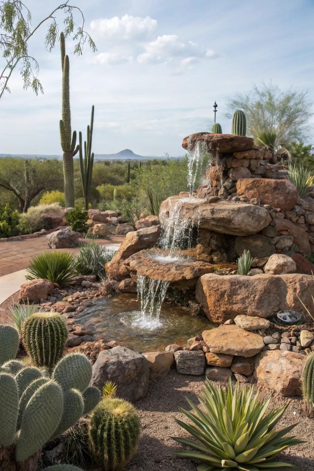 Desert plants create a striking and easy-care fountain landscape.