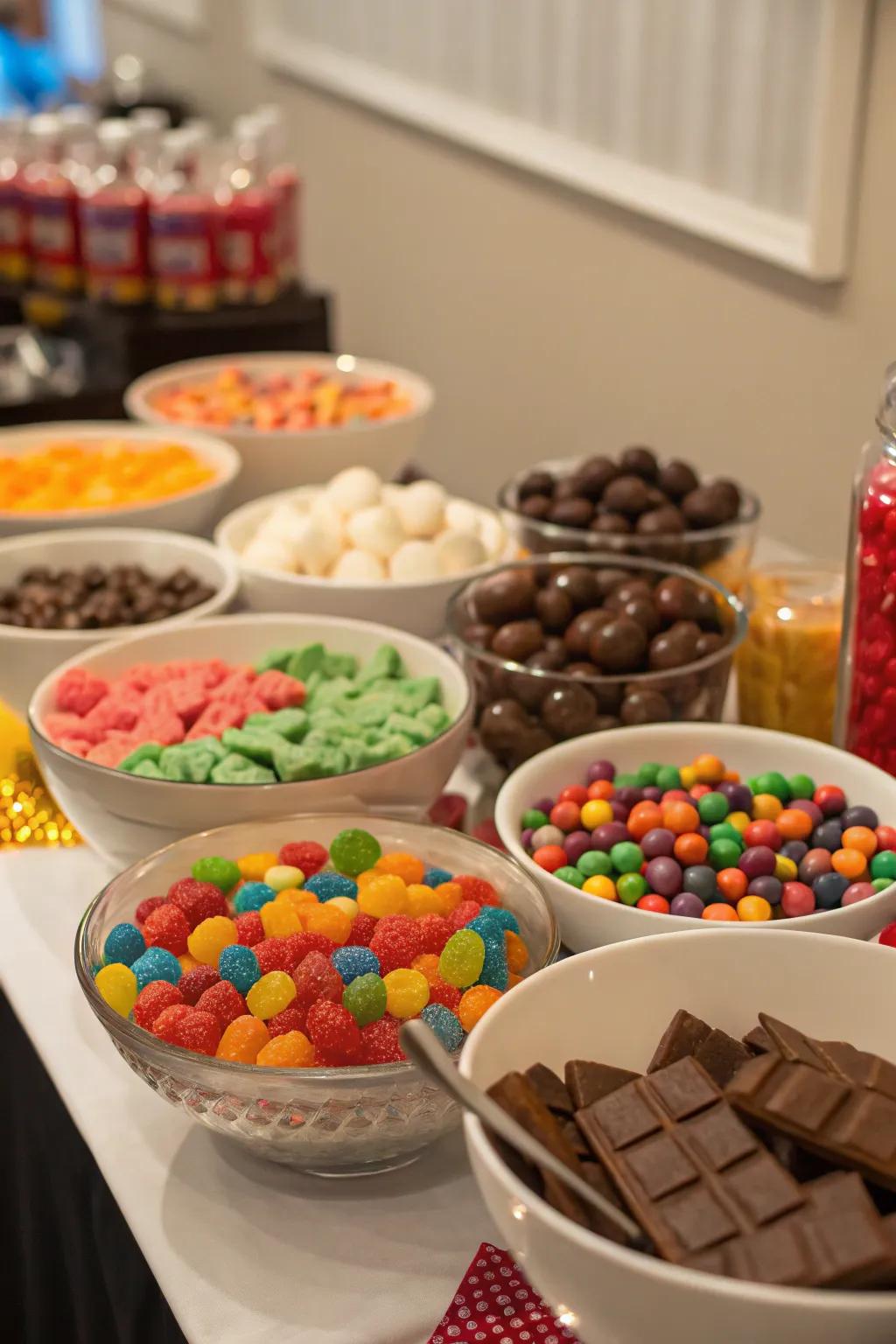 A candy buffet serves as both a centerpiece and a dessert option.