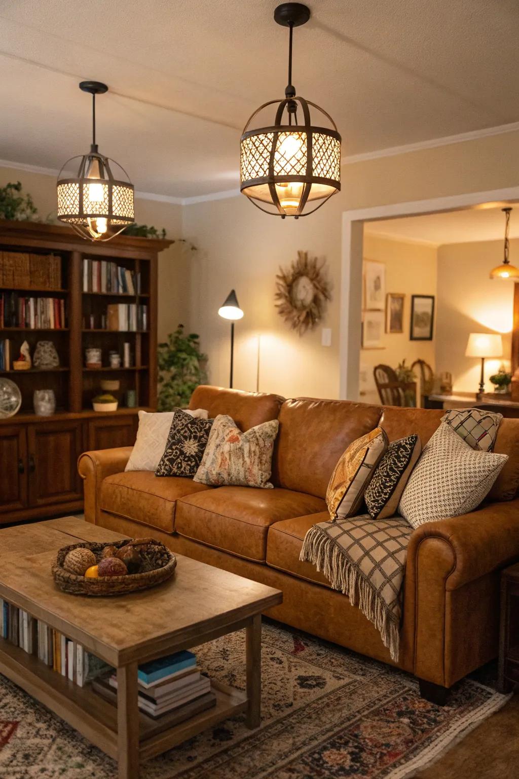 Layered lighting enhances the ambiance of a caramel couch room.