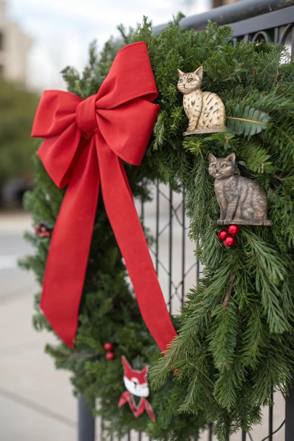 A festive holiday bow cat wreath to celebrate the season.