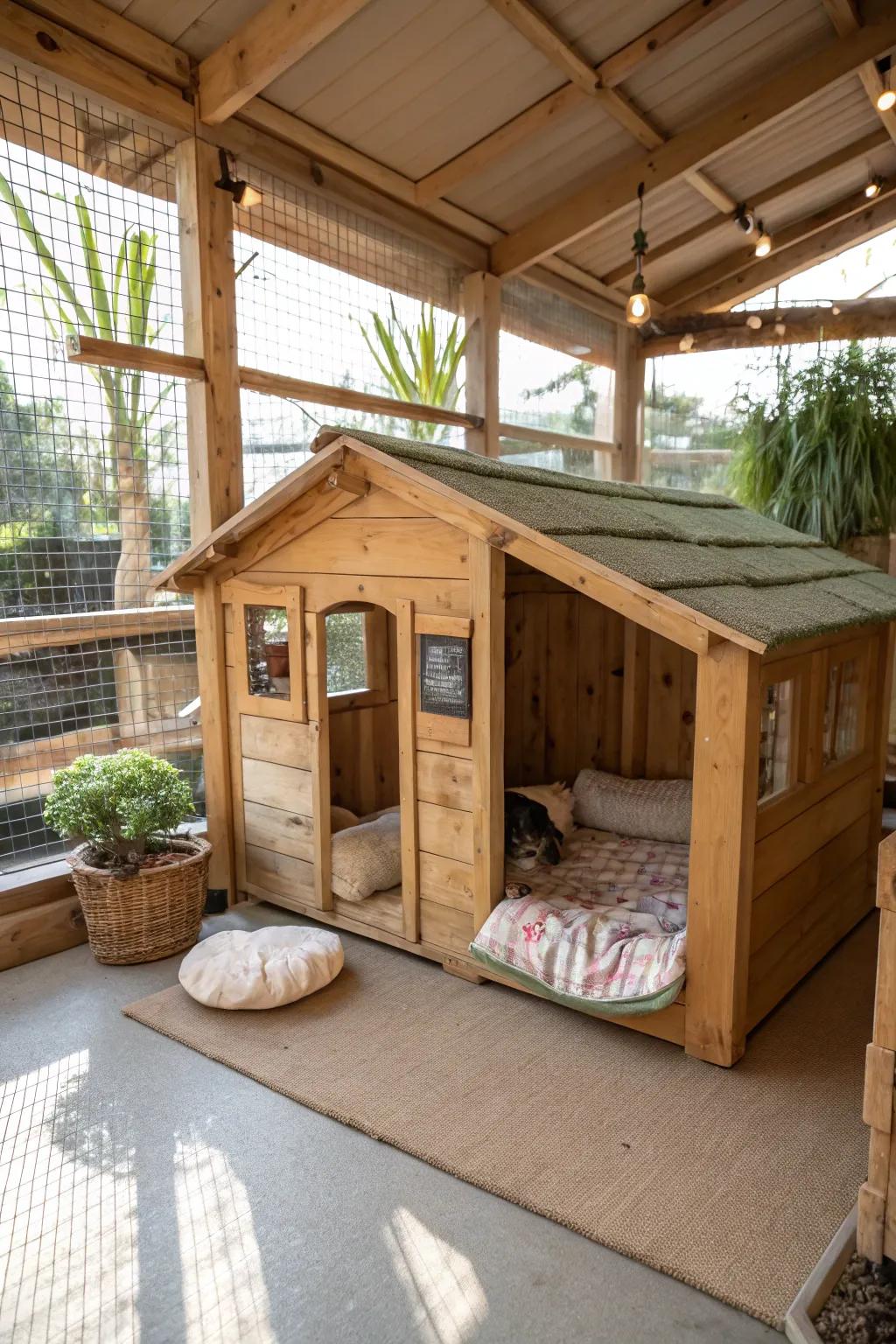 A charming rustic cabin within a cattery, providing a cozy hideaway for cats.