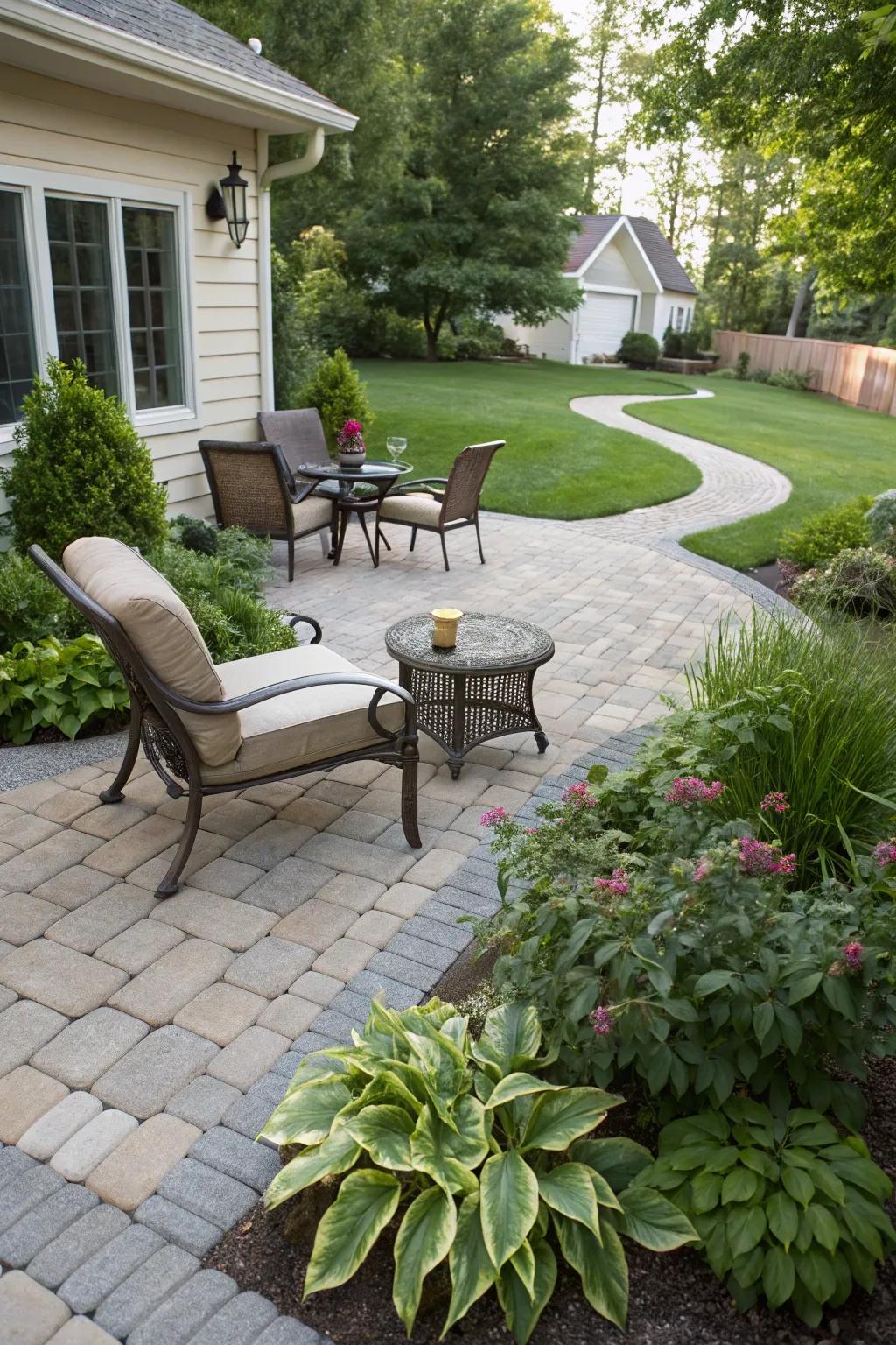 A paver patio provides a functional and stylish outdoor space.