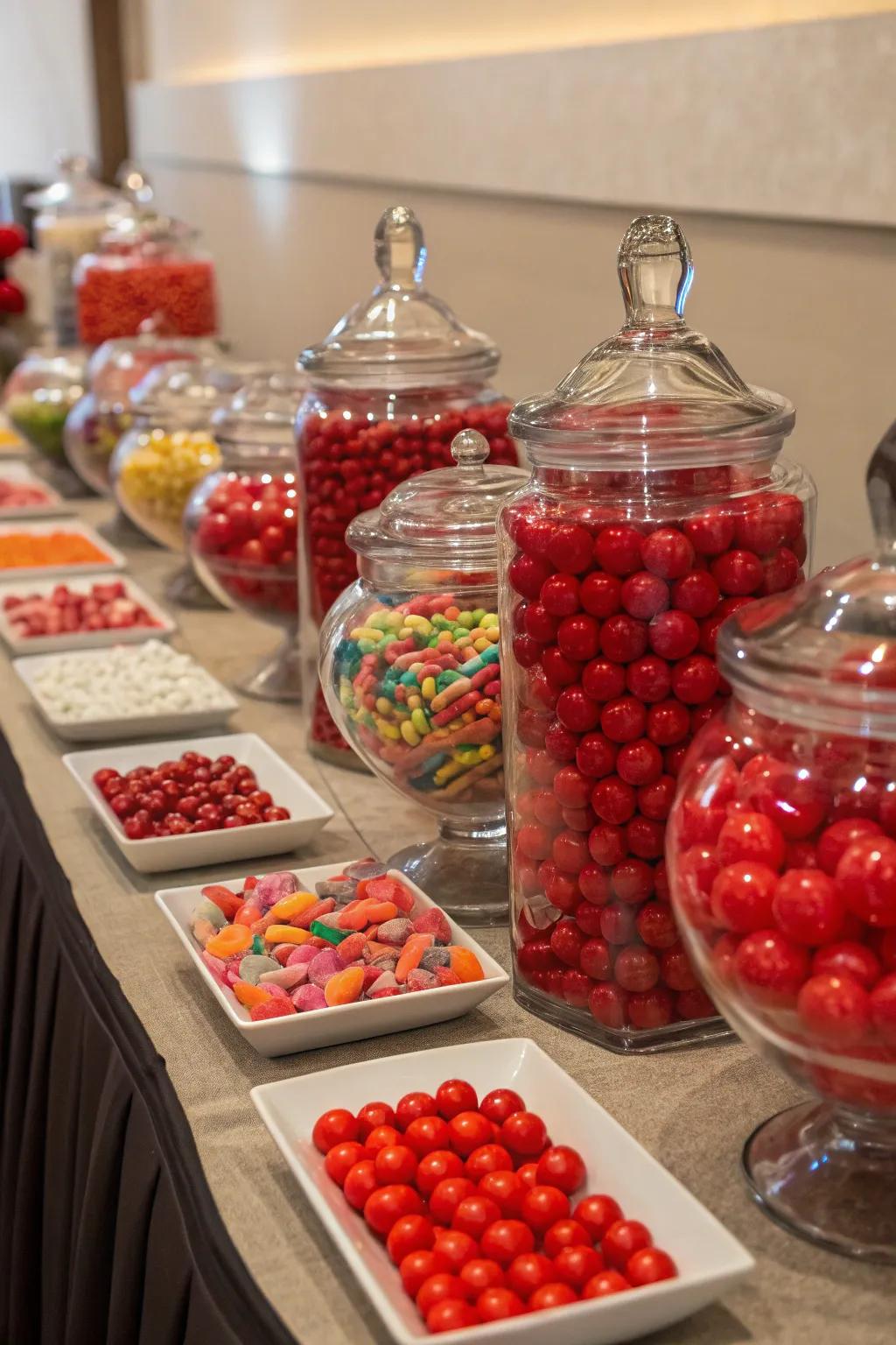 A crimson candy buffet offering a sweet treat for guests.