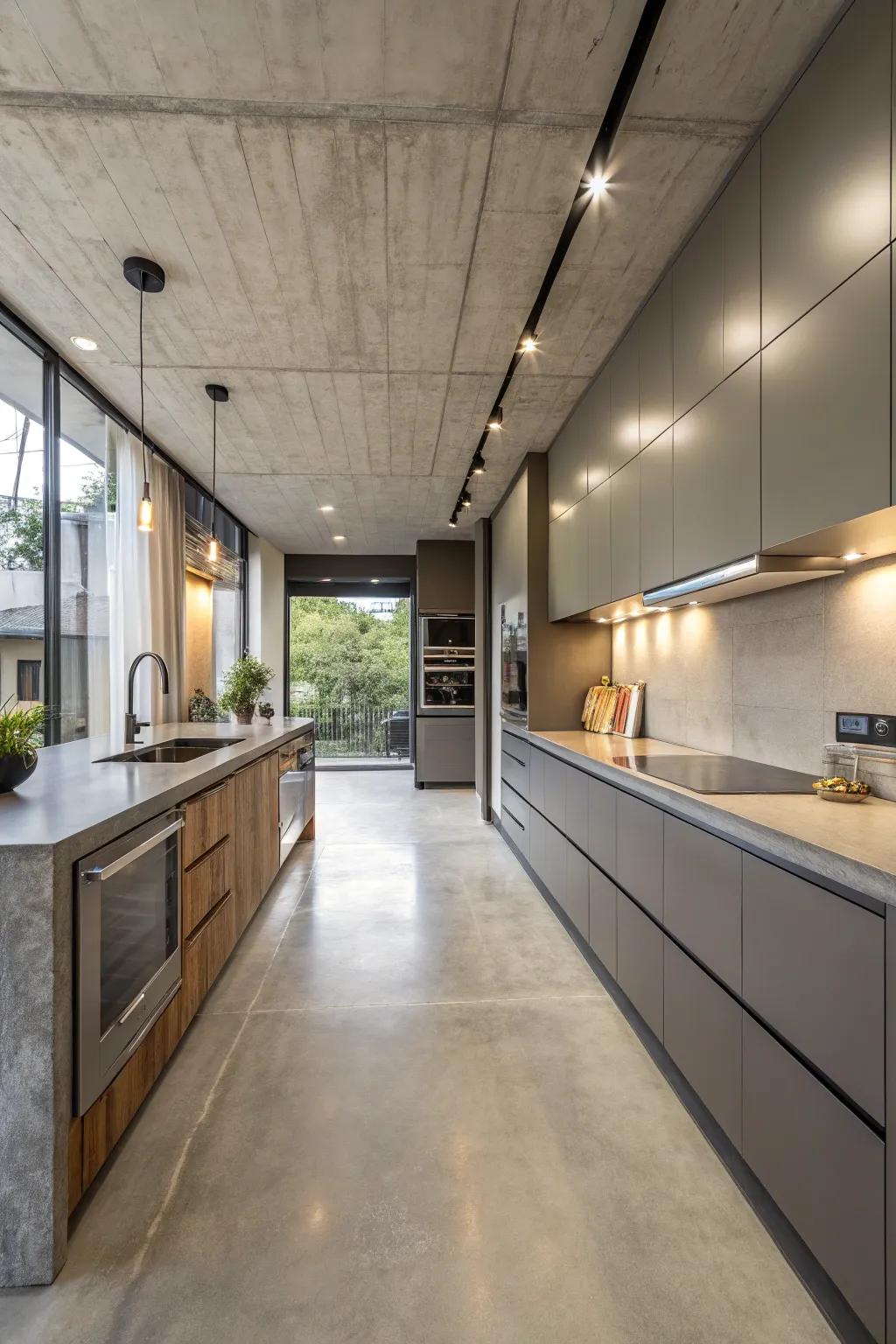 Concrete floors in the kitchen combine style with functionality.