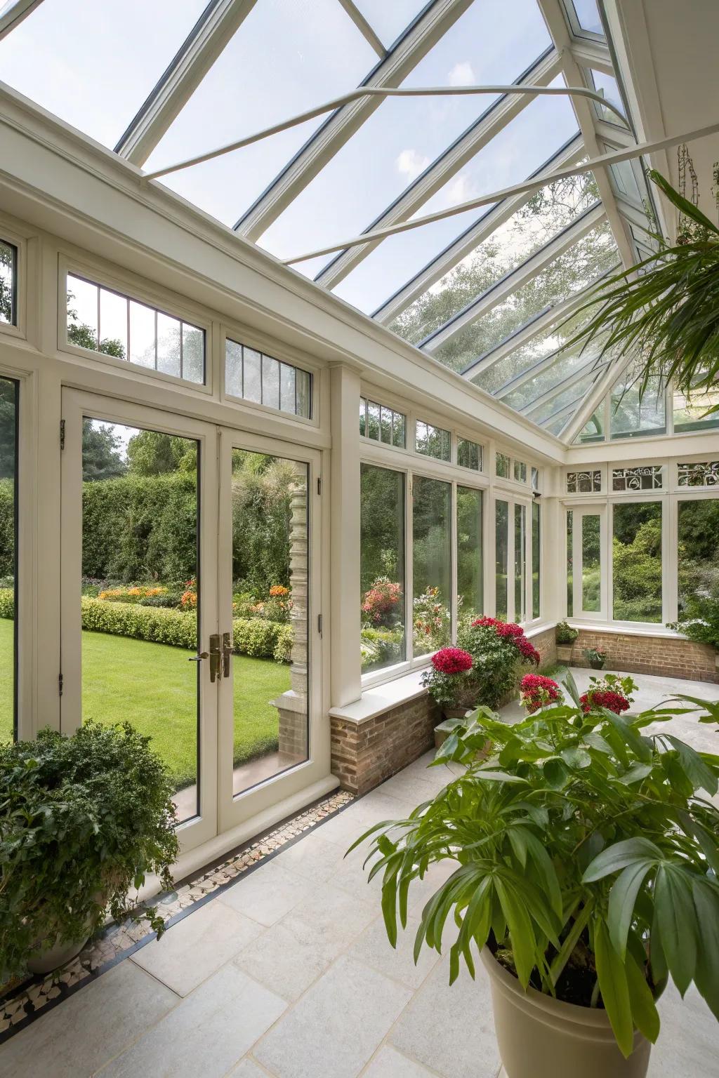 A modern conservatory with innovative glass extensions.