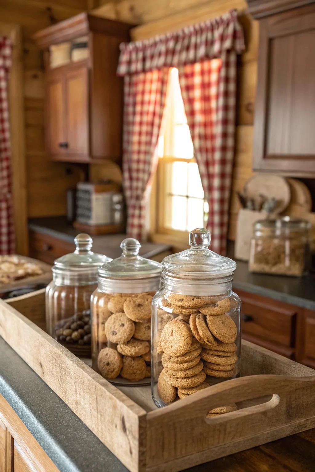 Rustic charm with wooden tray displays.