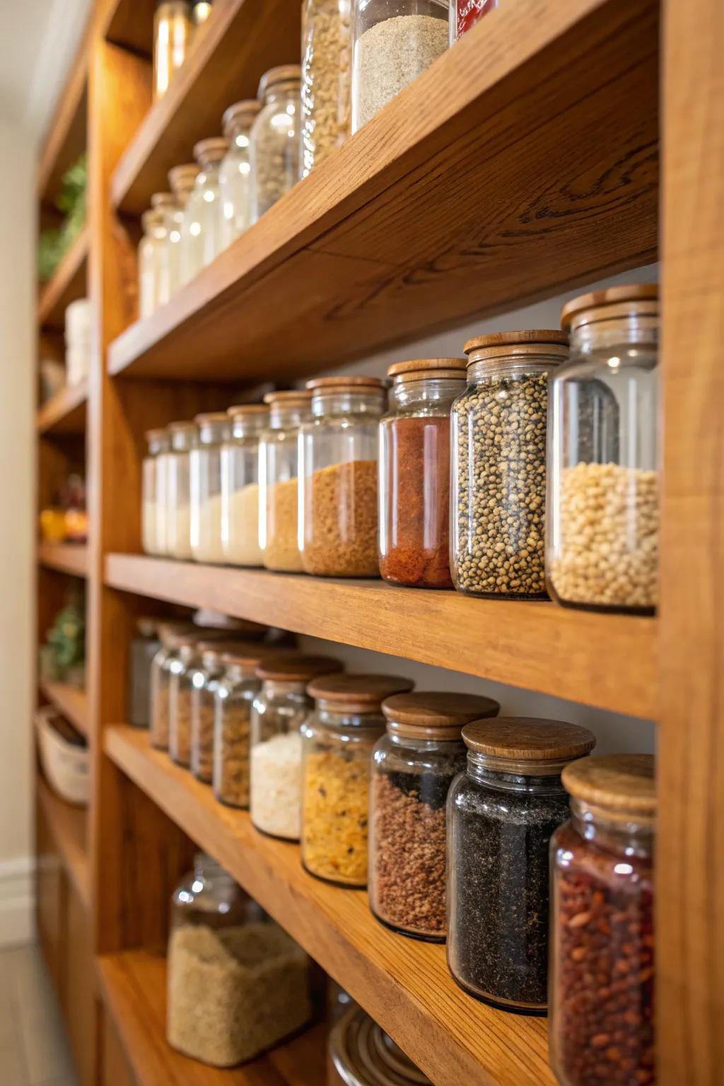 Glass jars in a corner pantry for transparent storage.