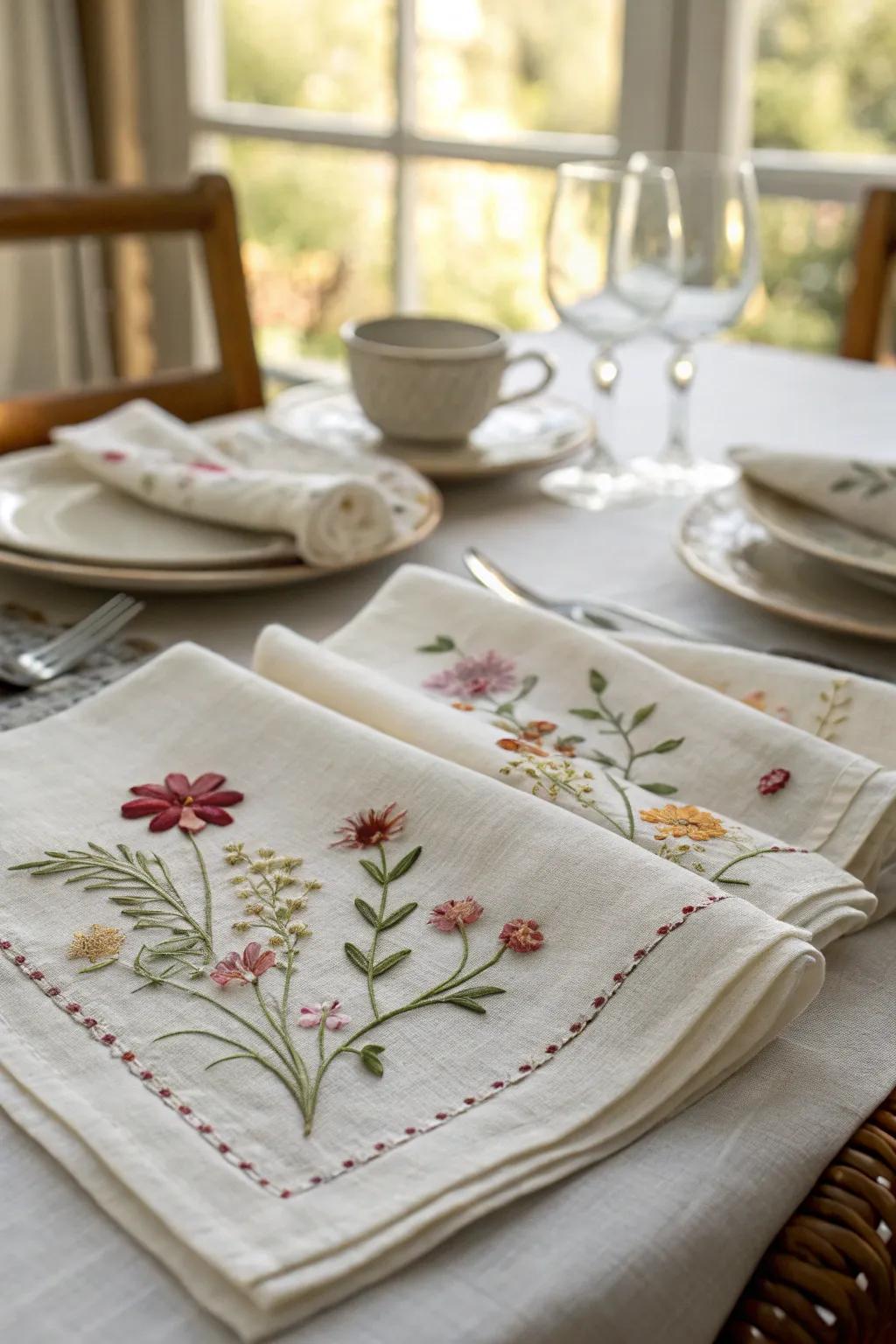 Embroidered linen napkins bring elegance to your table setting.