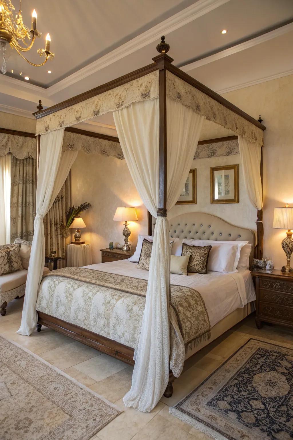 A canopy bed adds romance and luxury