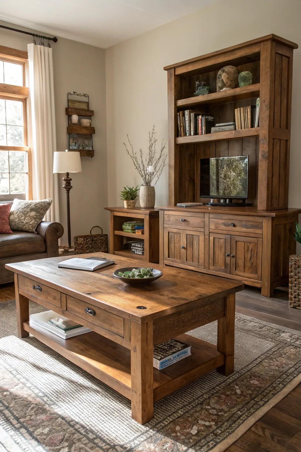 Wood elements add rustic charm and warmth.