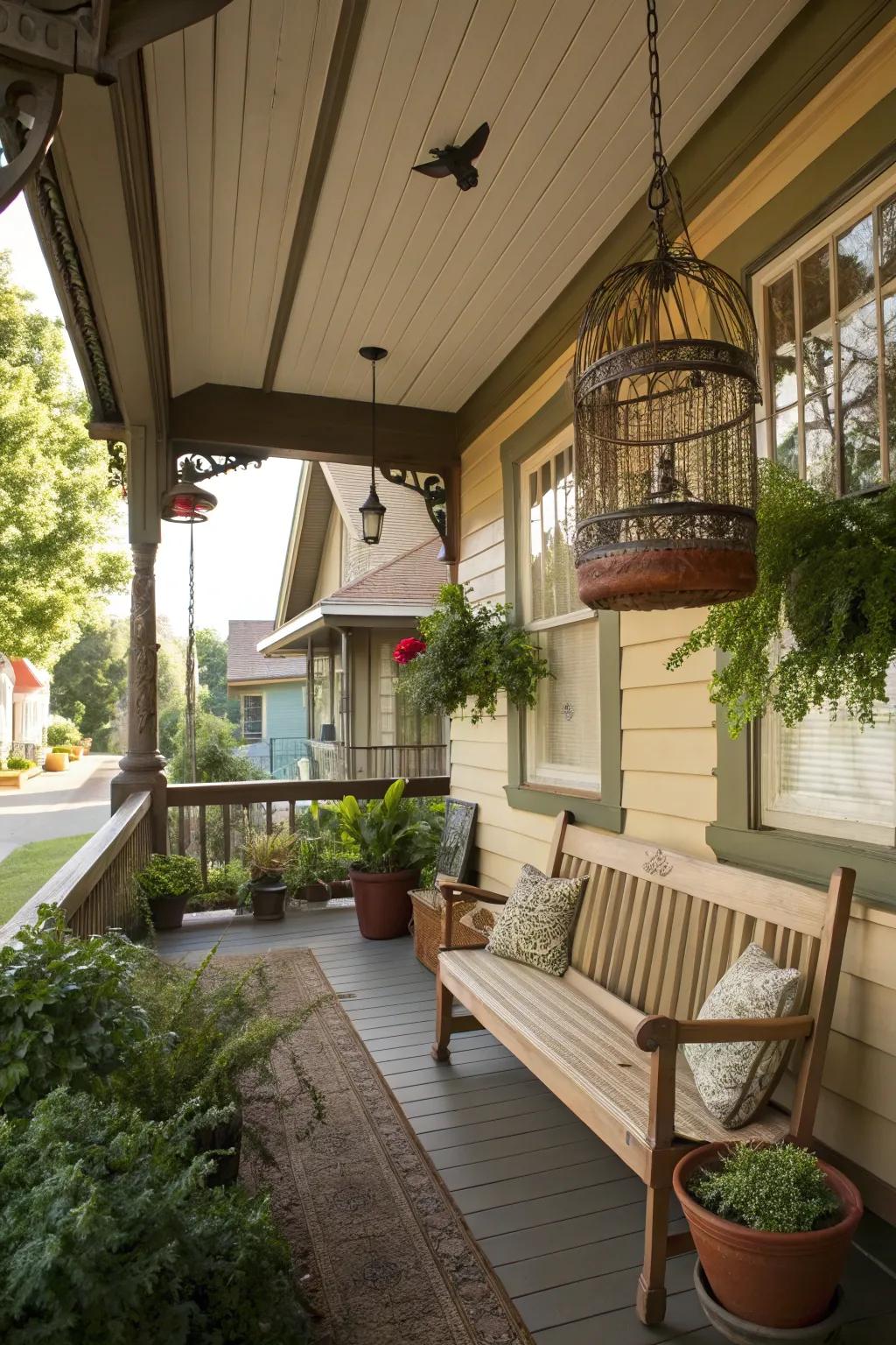 Whimsical elements add unique character to the porch.