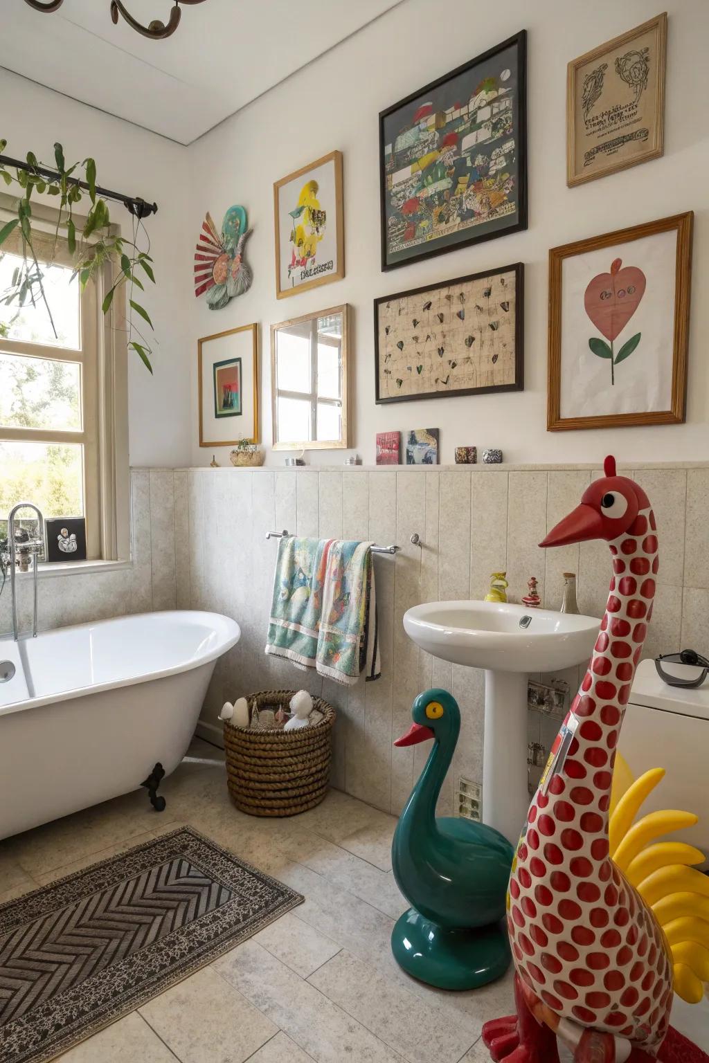 A bathroom featuring unique art pieces that generate joy and fascination.