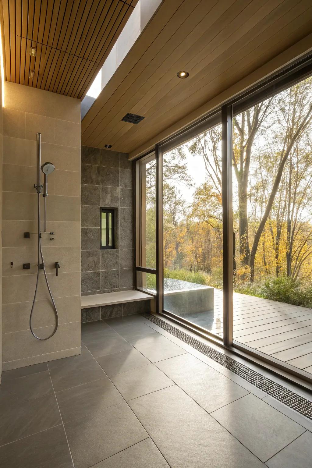 Natural light pours into this curbless shower, creating a bright and airy atmosphere.