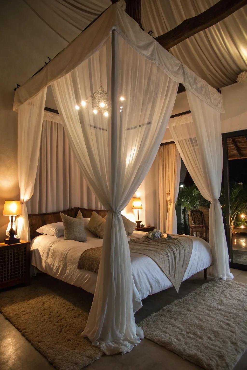 Romantic bedroom with a canopy effect using curtains.