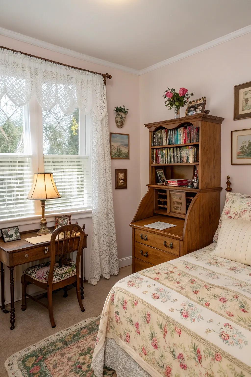 Ribbon window coverings render antiquated appeal and delicacy atop blinds.