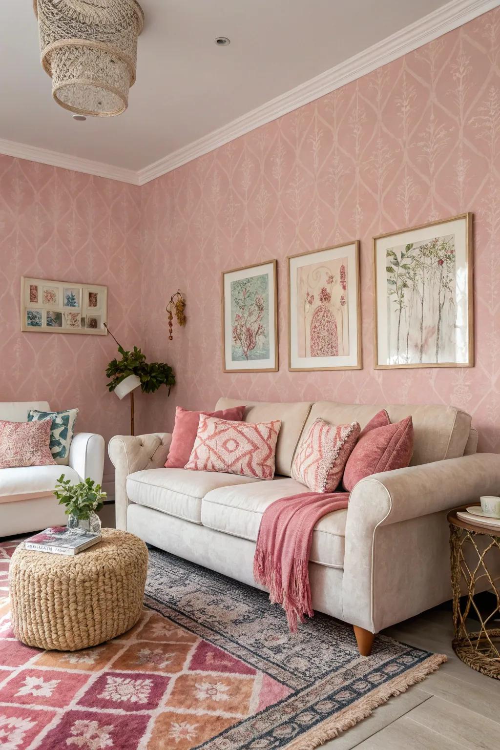 Textured rose wall covering injects visual attraction and depth within the walls.