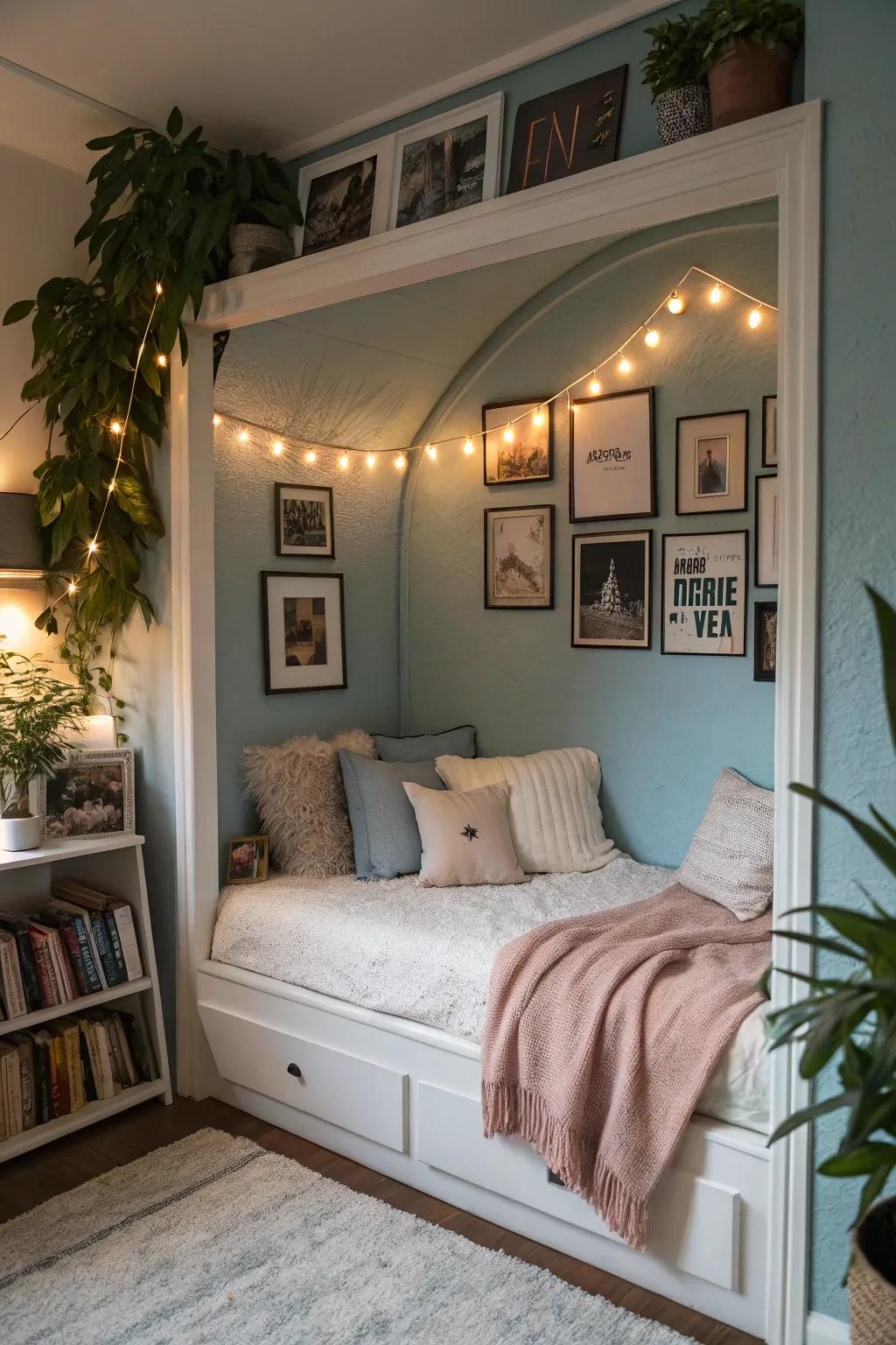 An alcove transformed into a cozy retreat with a stylish daybed.