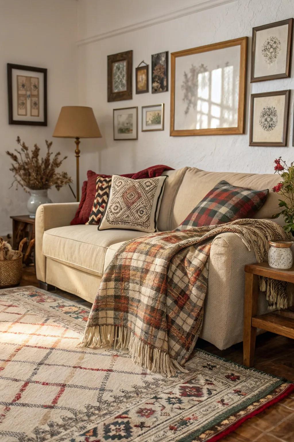 A cozy and stylish room featuring a mix of textures and patterns.