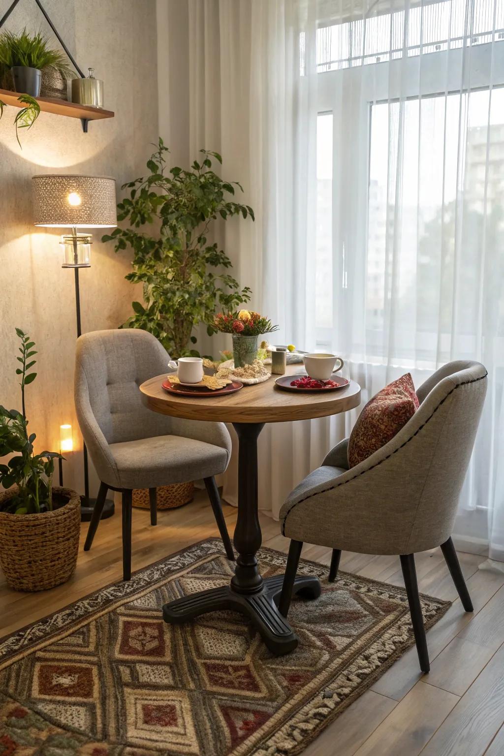 A breakfast nook offers a charming space for intimate meals.