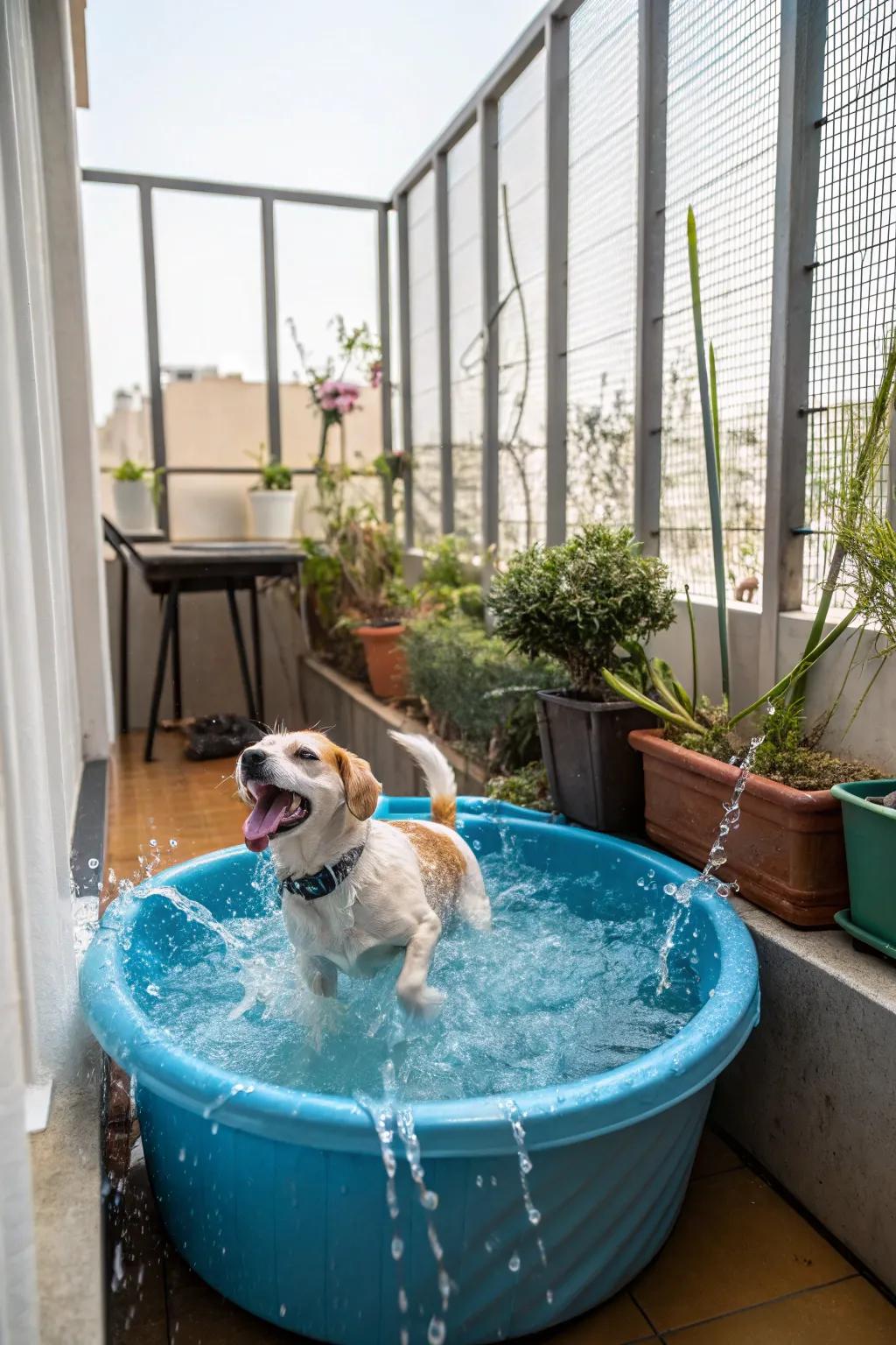 A portable dog pool offers a splash of fun on warm days.