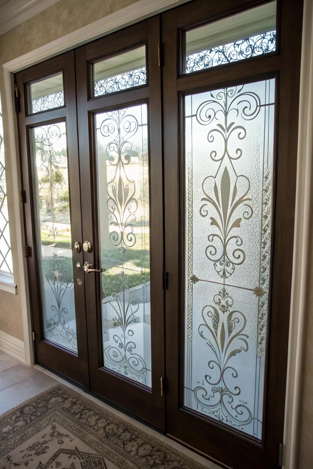 Etched glass offers a unique and artistic way to add privacy to your door windows.