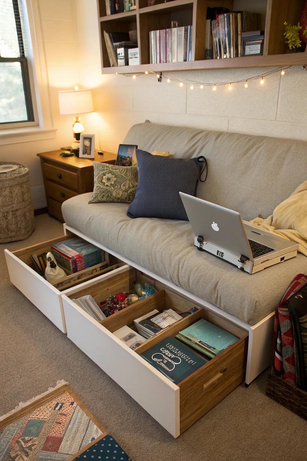 Hidden storage compartments in this couch keep the dorm room tidy.