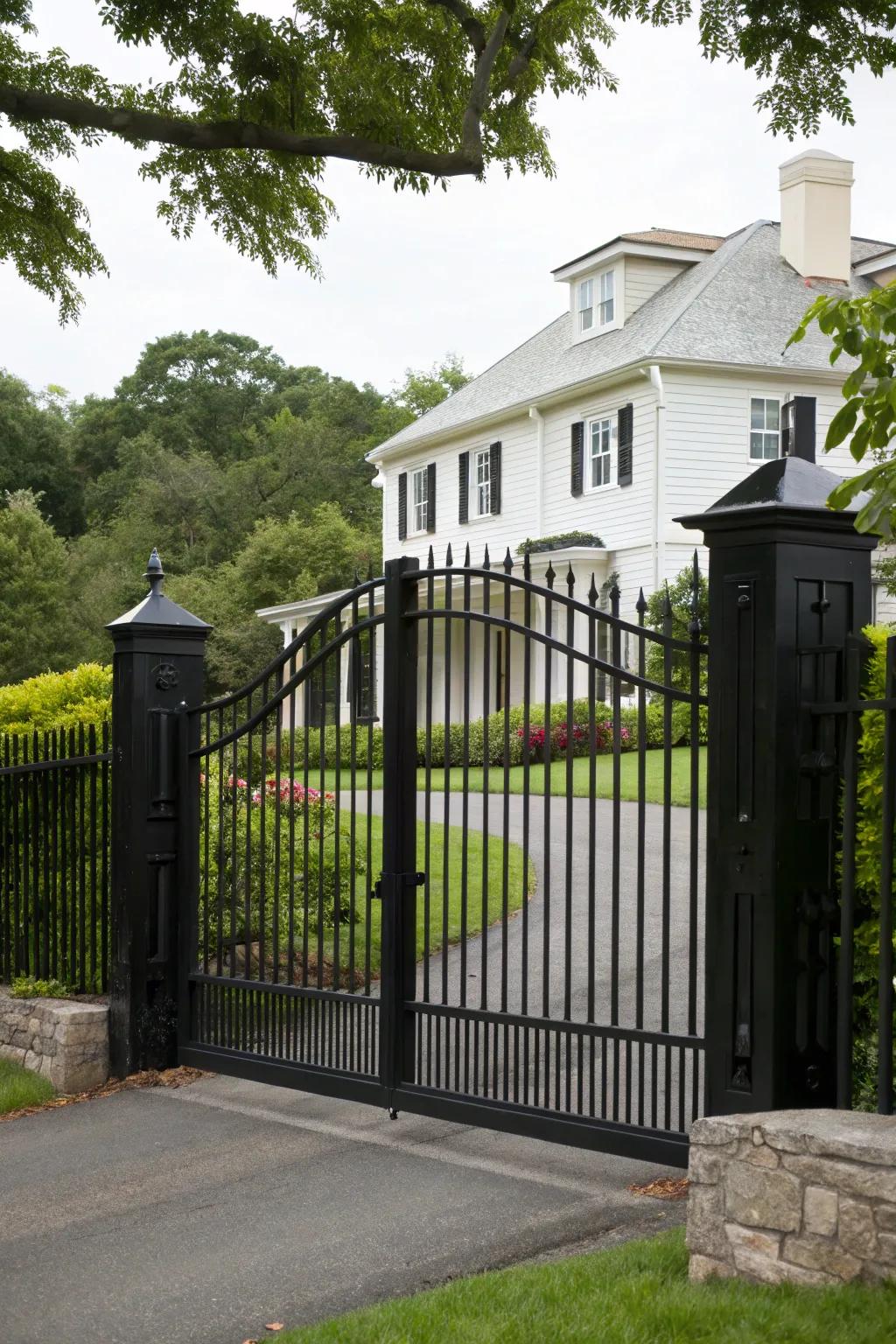 A striking black gate making a dramatic entrance against a white backdrop.