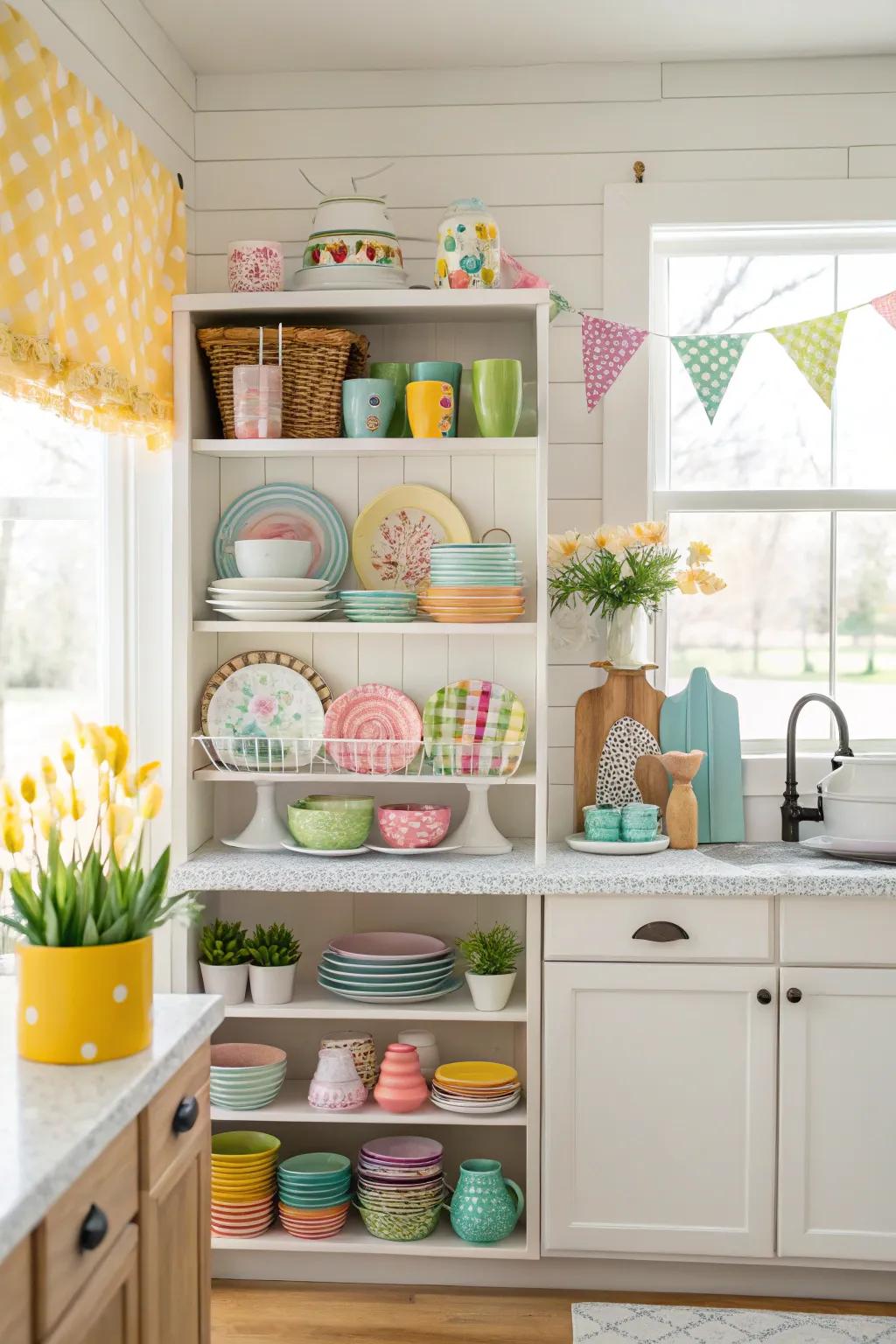 Easter-themed kitchenware adds a festive touch to open shelves.