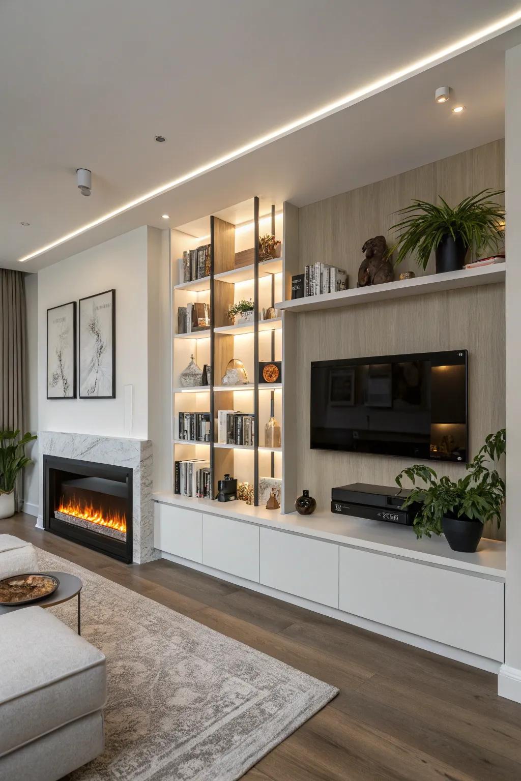 Modern shelving that complements the fireplace's design.