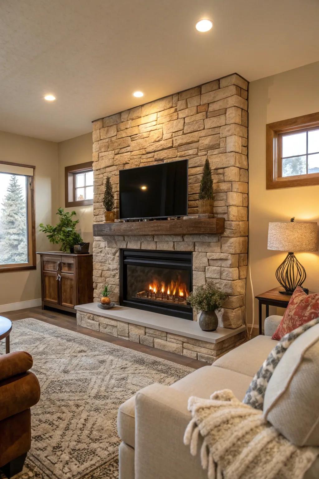 An electric fireplace with natural stone cladding in a cozy living room.