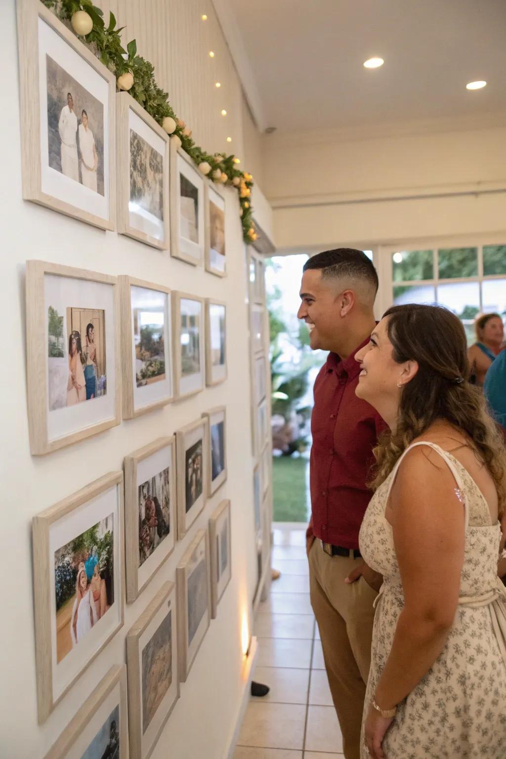 A photo wall showcasing the couple's memorable moments.