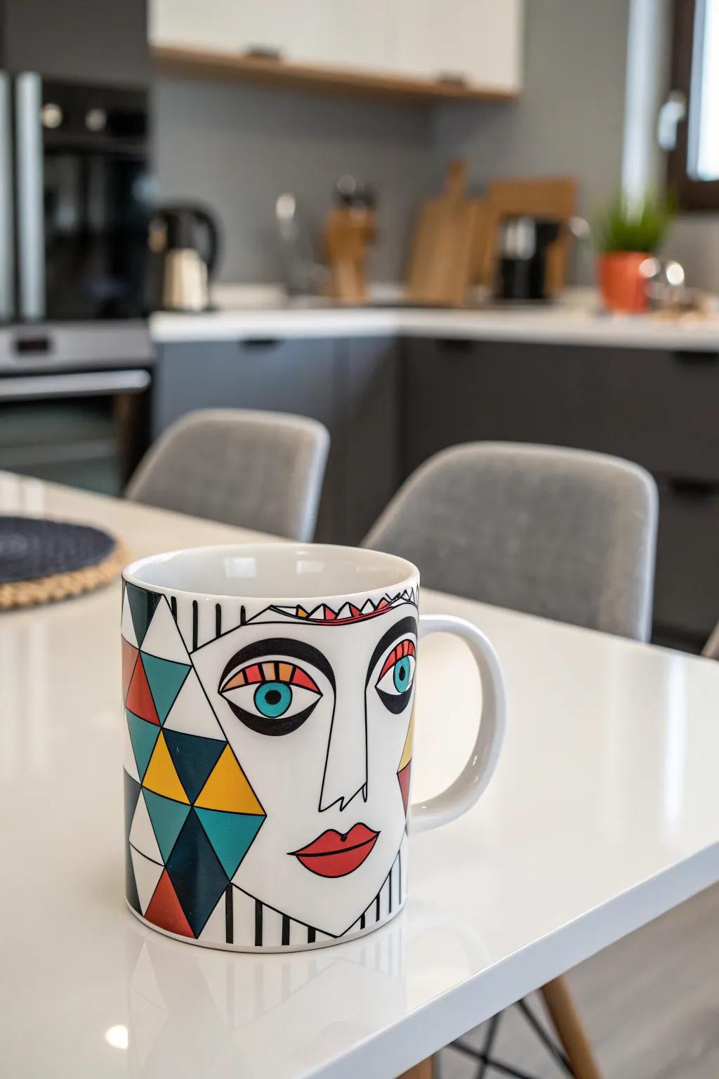 A geometric face mug that combines modern art with functional design.