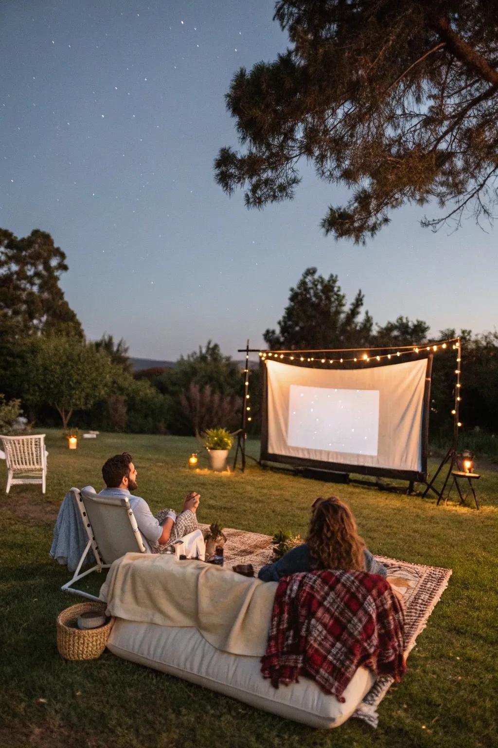 A cozy outdoor movie night under the autumn sky