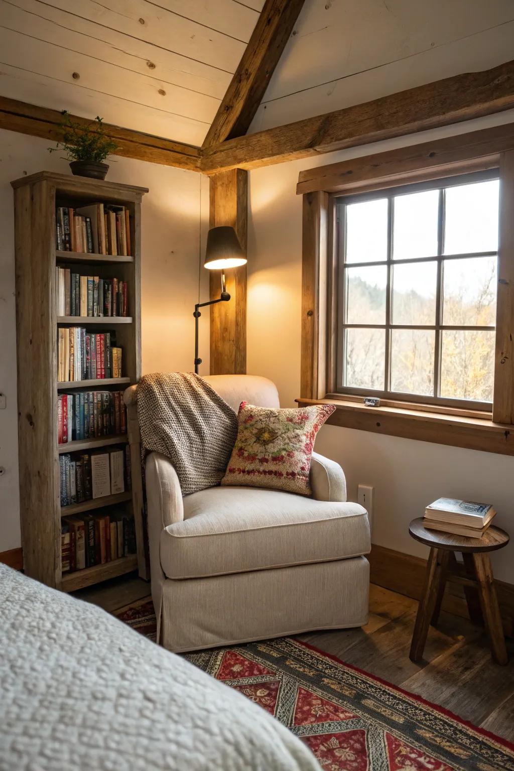 A cozy reading nook adds a personal touch to the bedroom.