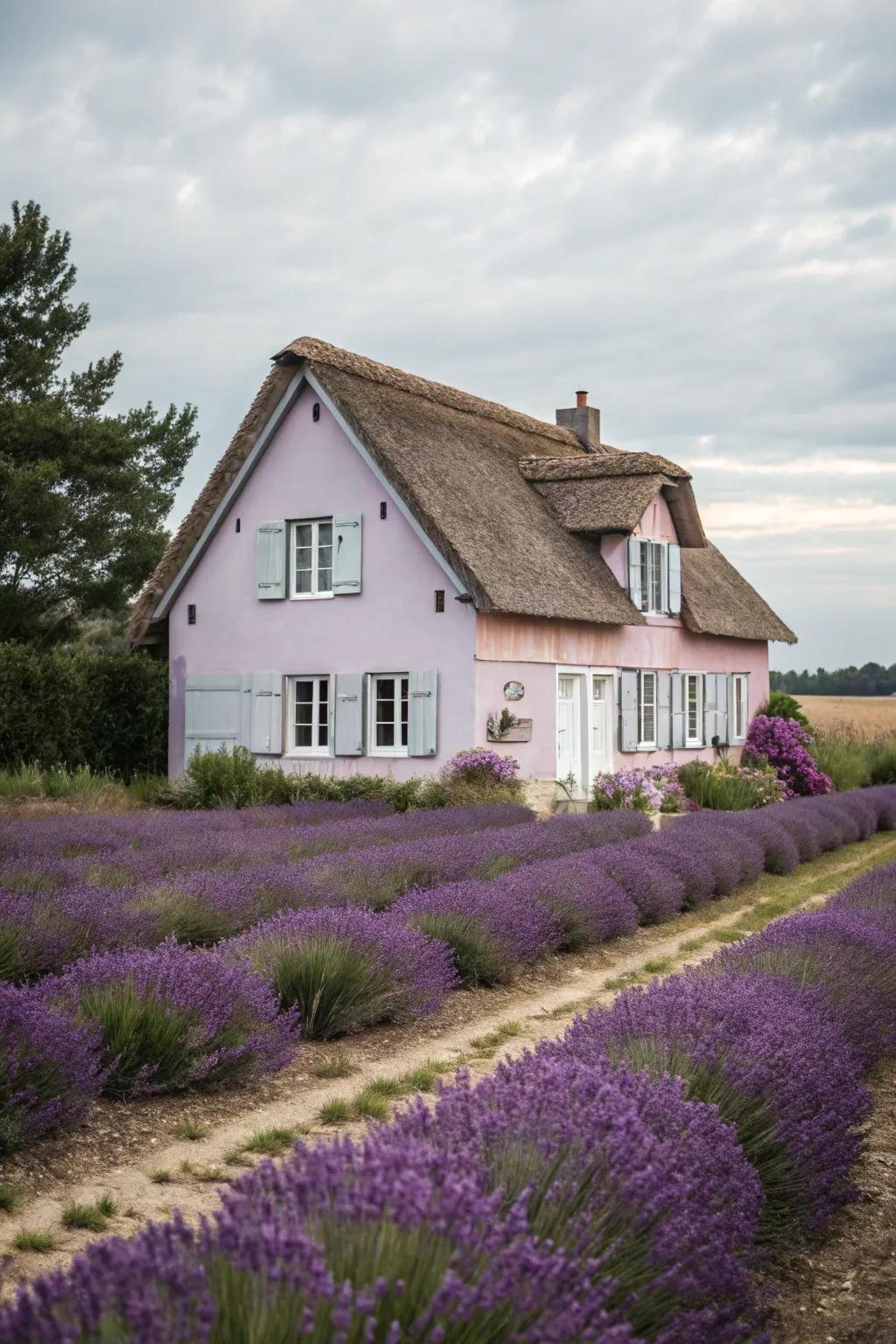 Soft lavender adds a surprising and delightful twist to this farmhouse.