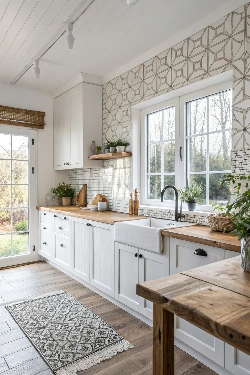 Geometric pieces offer a modern spin, making a fashionable statement within this country-style kitchen.