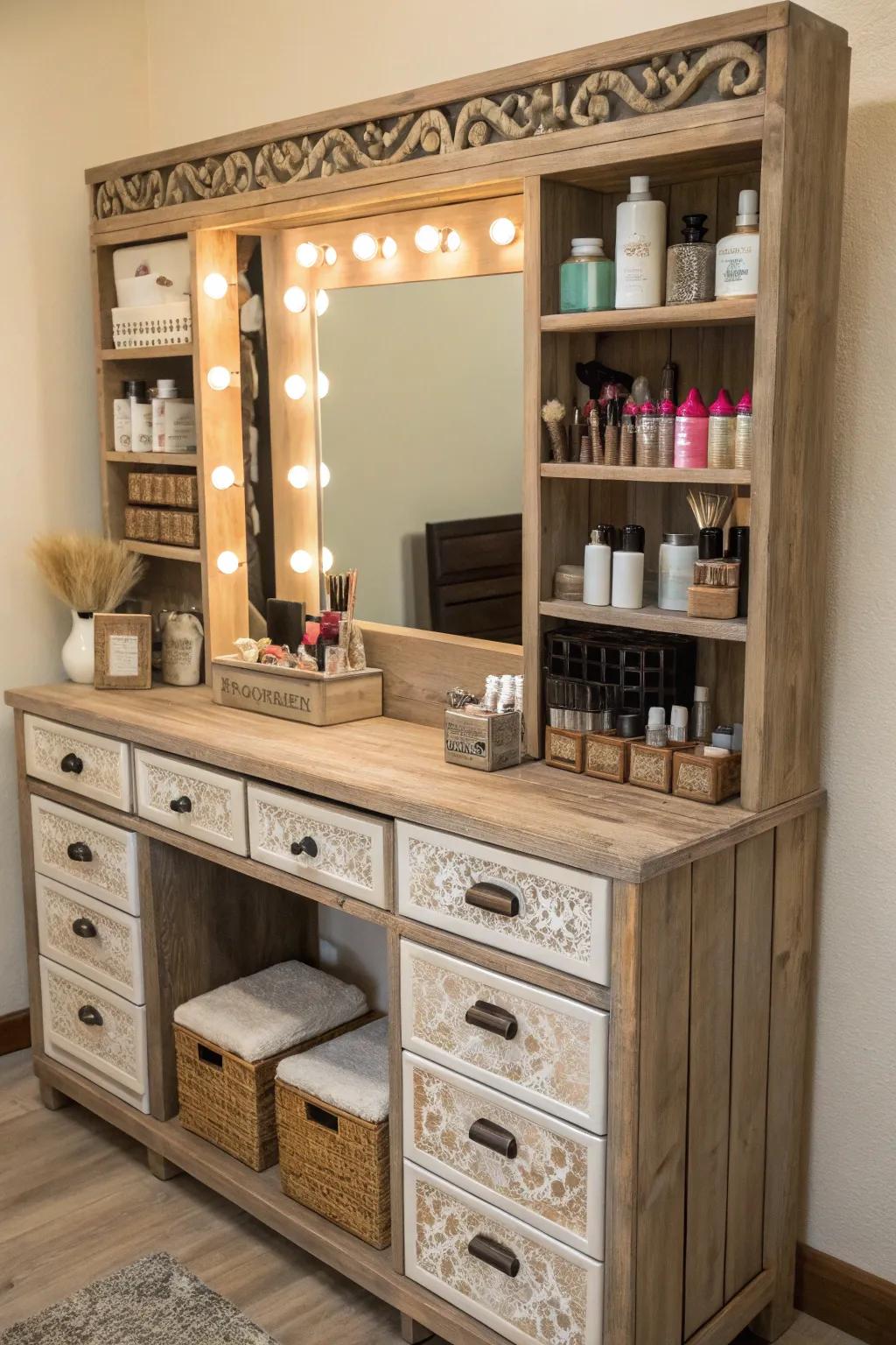 Practical storage keeps your vanity tidy and functional.