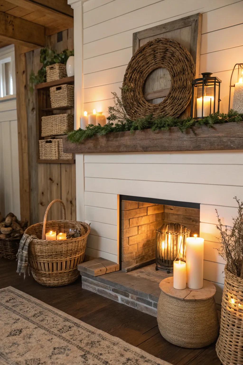 Bring rustic charm with a shiplap fireplace surround.