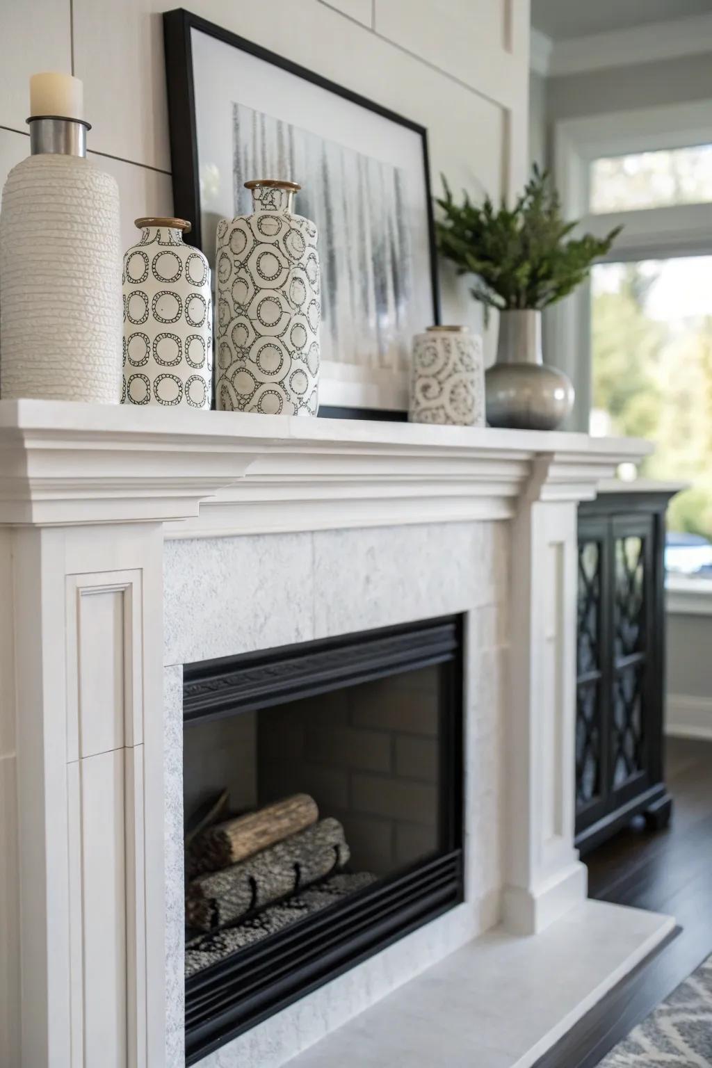 A modern minimalist mantel, displaying streamlined and stylish decor elements.