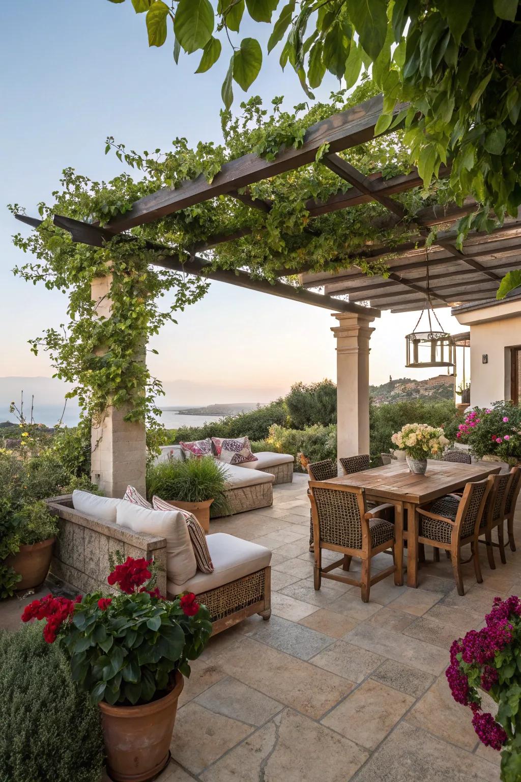 A cozy outdoor seating area invites relaxation in this Mediterranean-inspired yard.