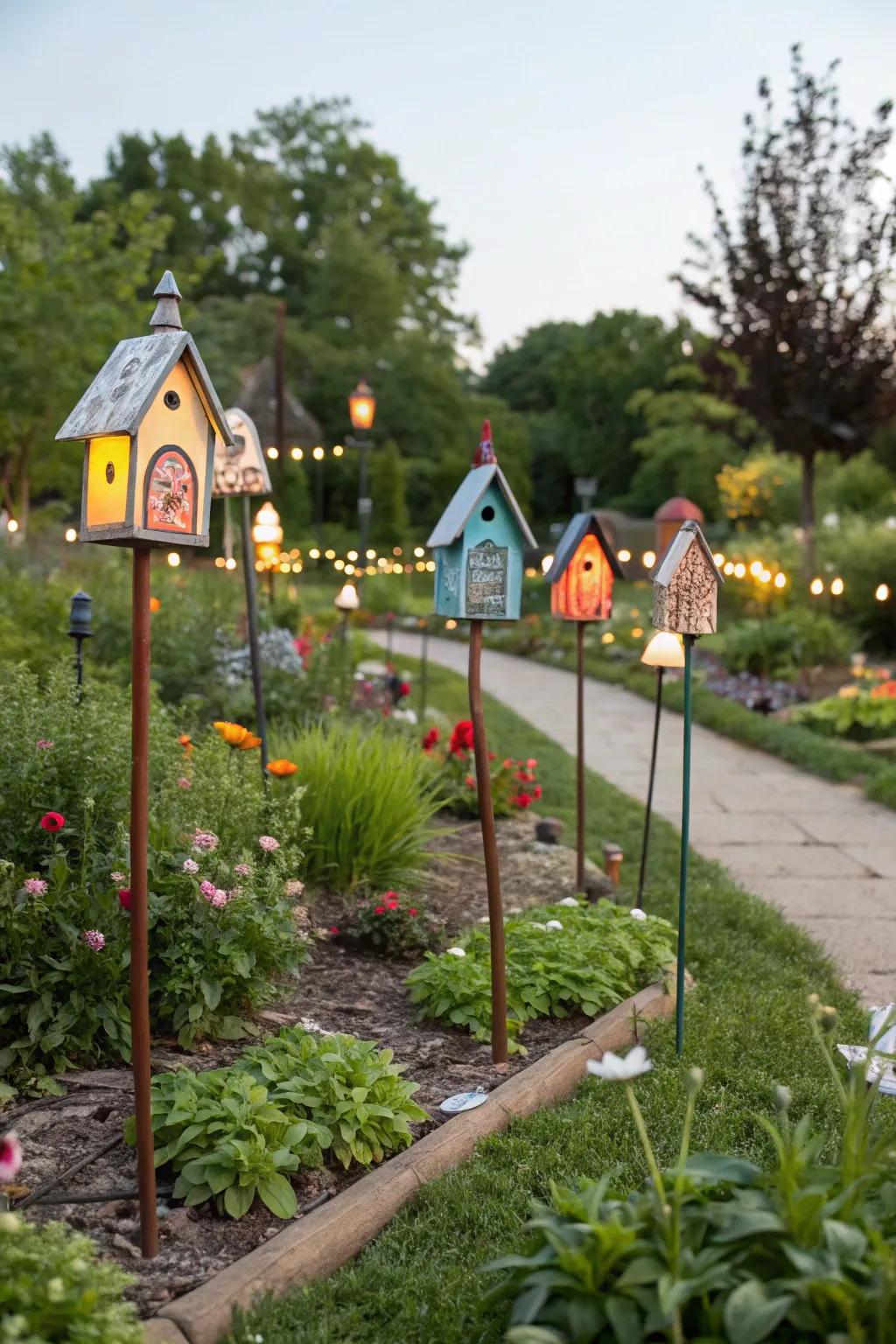 Tiny house posts turning the garden into a whimsical village.
