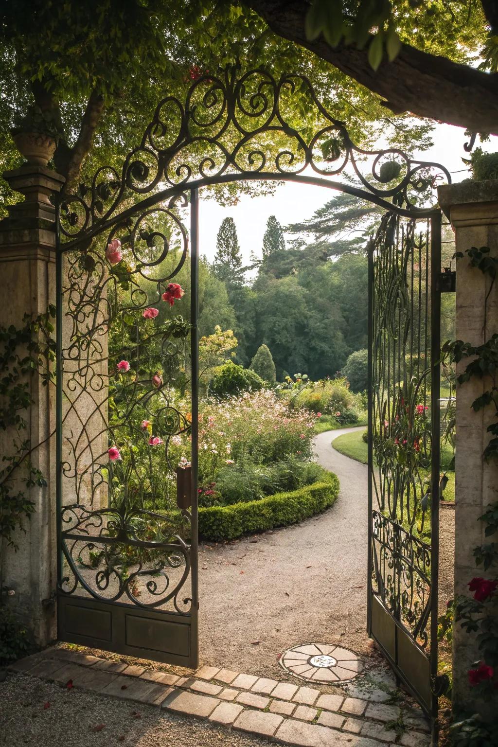 Nature-inspired motifs create a harmonious garden entrance.