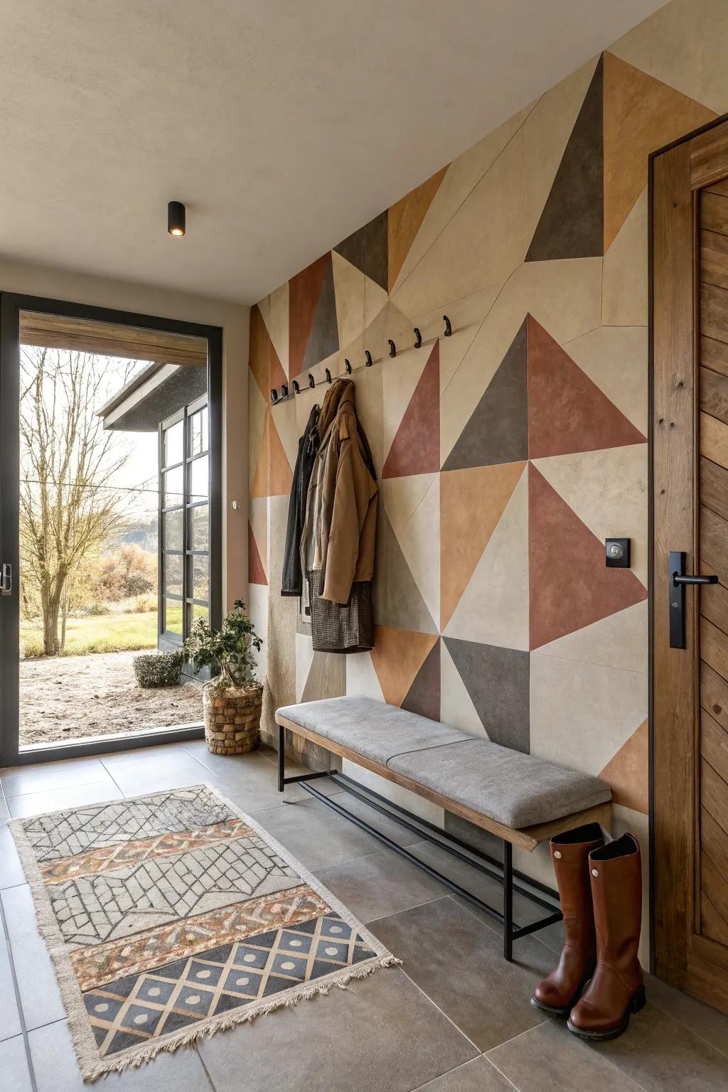 An entryway with unique asymmetrical geometric wall patterns.