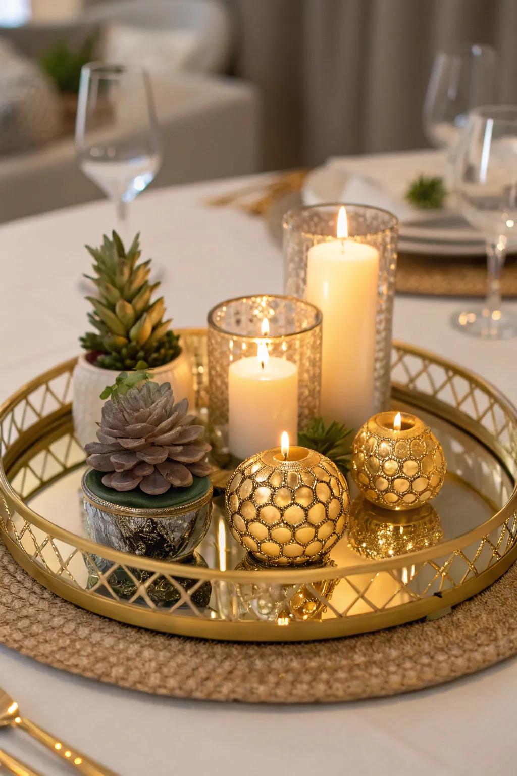 Reflective and sparkling gold and mirror platter display.