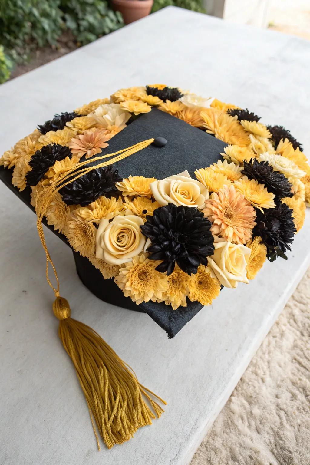 A creative graduation cap floral arrangement.